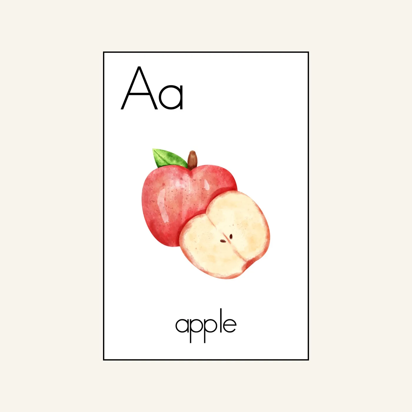 Detalhe aproximado do cartão da letra A — Aa no alto, a ilustração de uma maçã ao centro e a palavra apple embaixo.