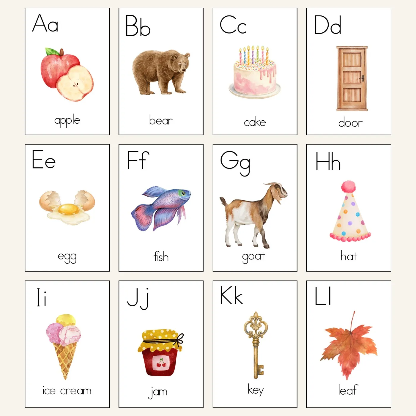 Doze cartões do alfabeto, de A a L, cada um com a letra maiúscula e minúscula, uma ilustração e a palavra em inglês.