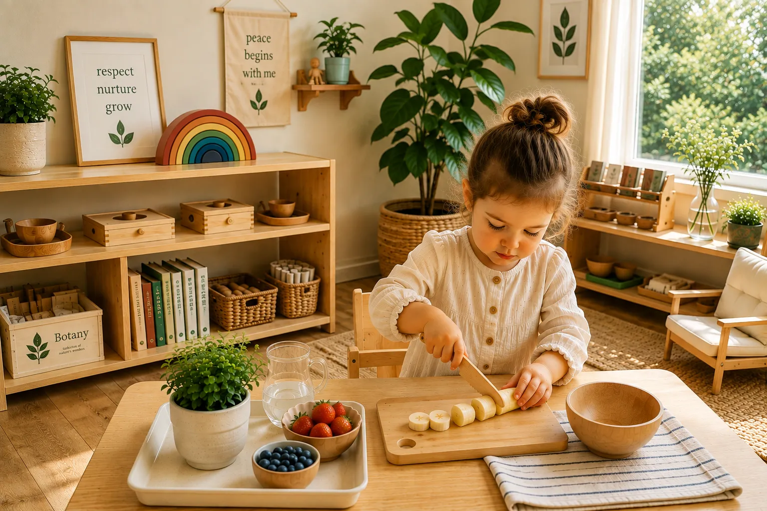 Criança pequena cortando banana em uma tábua de madeira à mesa baixa, com frutas e uma tigela ao lado.