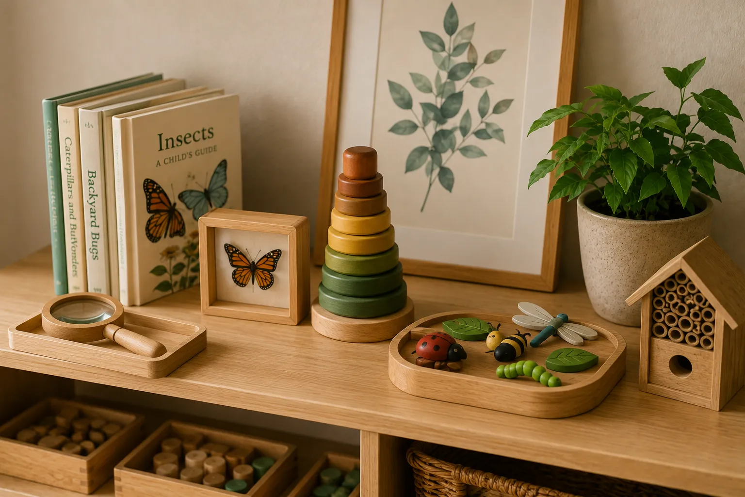 Prateleira baixa com livros de natureza, um quadro de borboleta, um empilhável de madeira e bandejas com pequenos objetos.