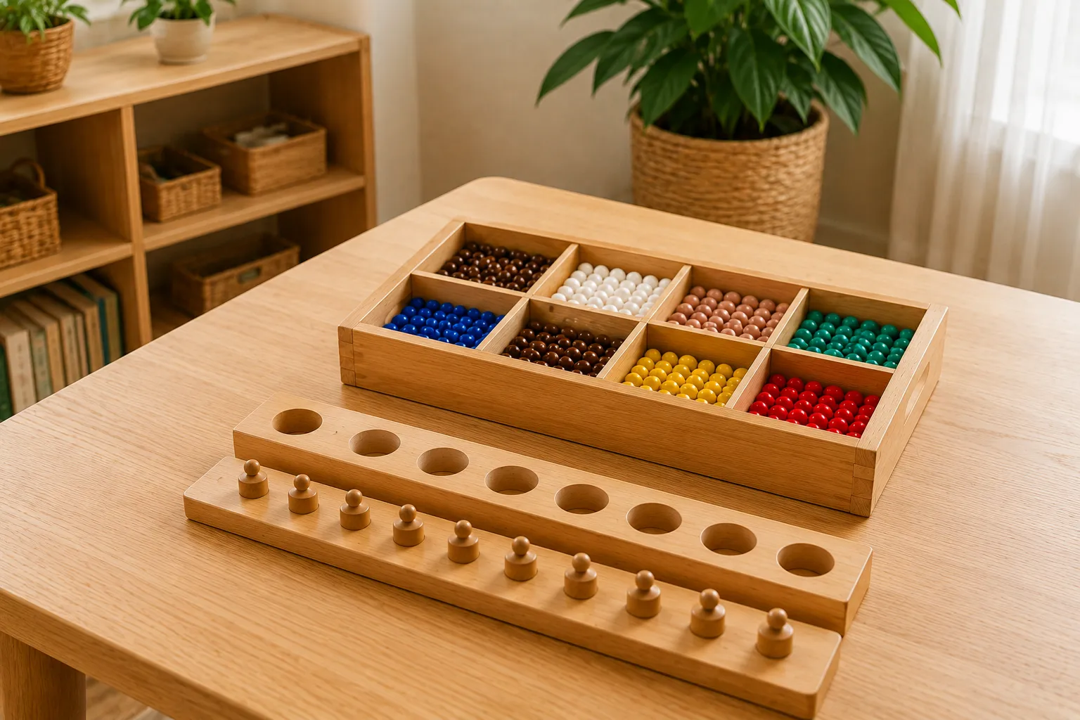 A wooden cylinder block and a divided tray of coloured bead materials on a table.