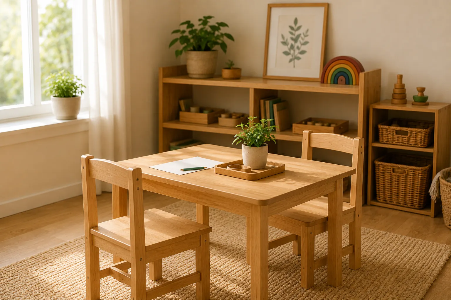 Mesa infantil de madeira e duas cadeiras diante de prateleiras baixas, perto de uma janela iluminada.